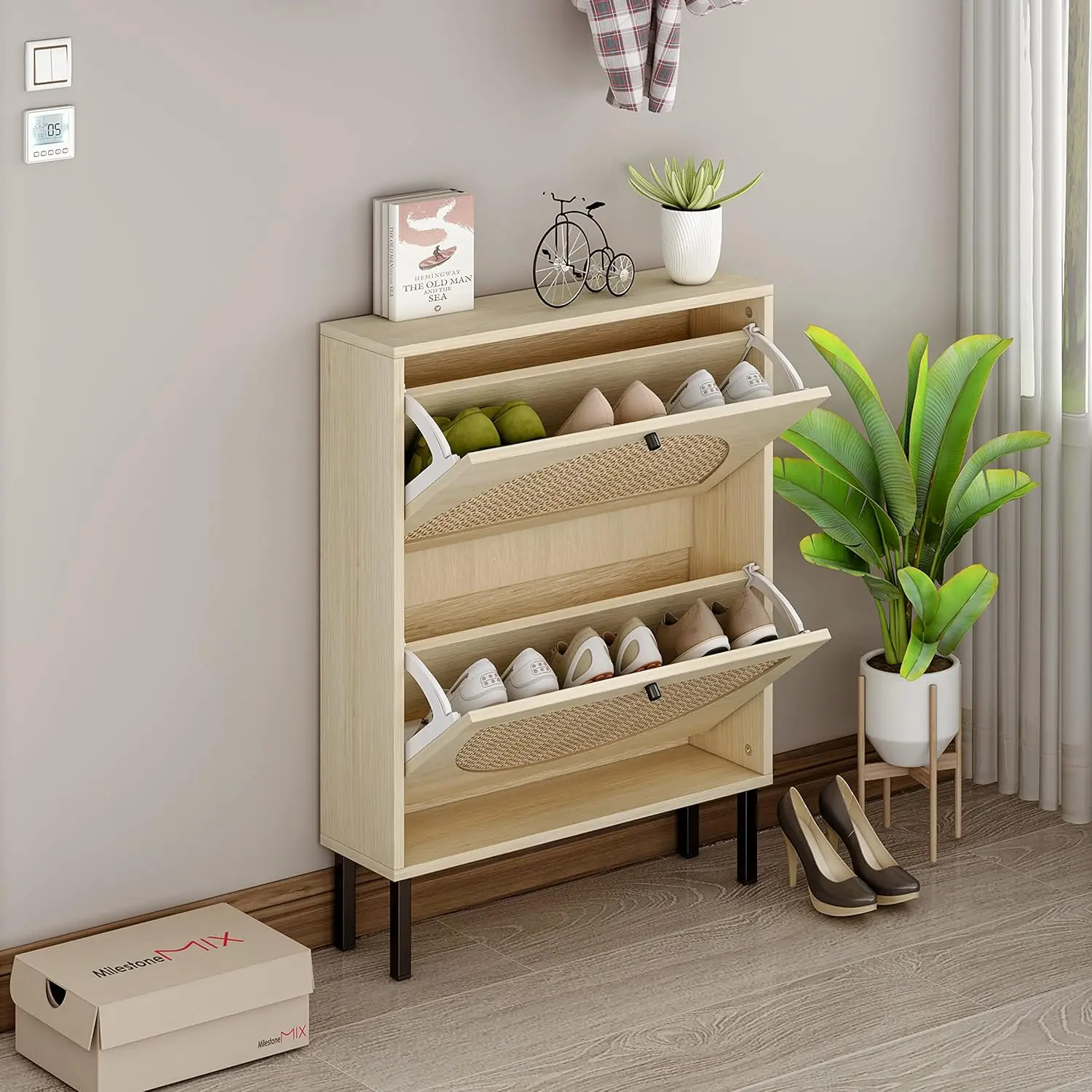 

Umail Furniture Natural Rattan Shoe Cabinet with 2 Flip Drawers, Entrance Hallway Free Standing Shoe Racks