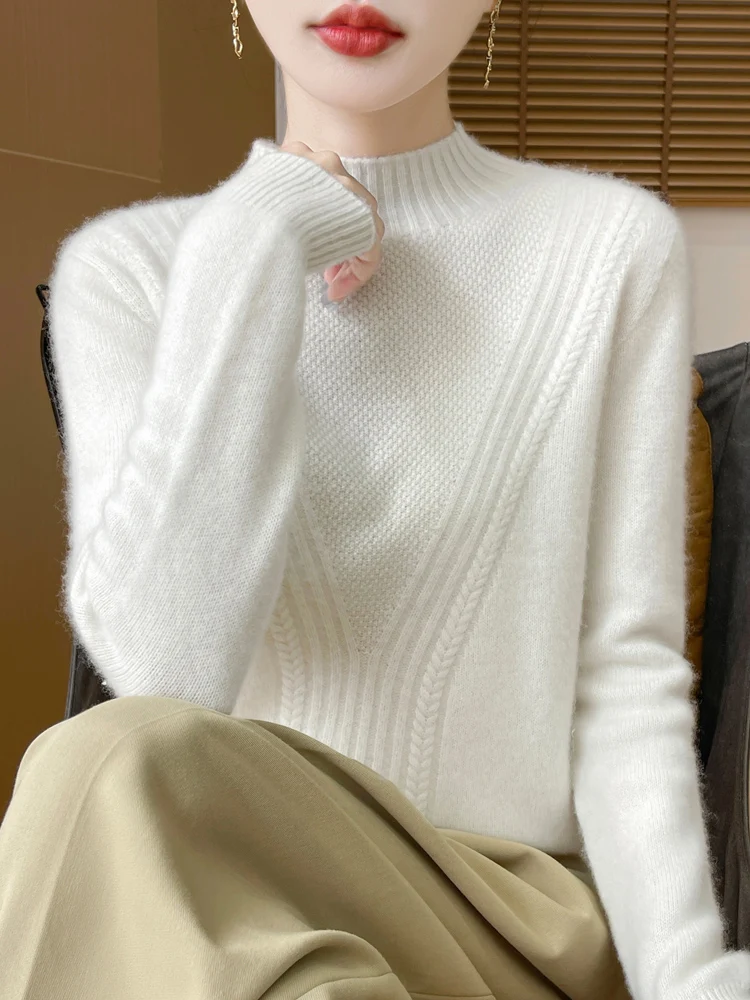 

New Chic Women's Mockneck Pullover Sweater 100% Merino Wool Knitwear Autumn Winter Loose Cashmere Comfort Sweater Female Cloth