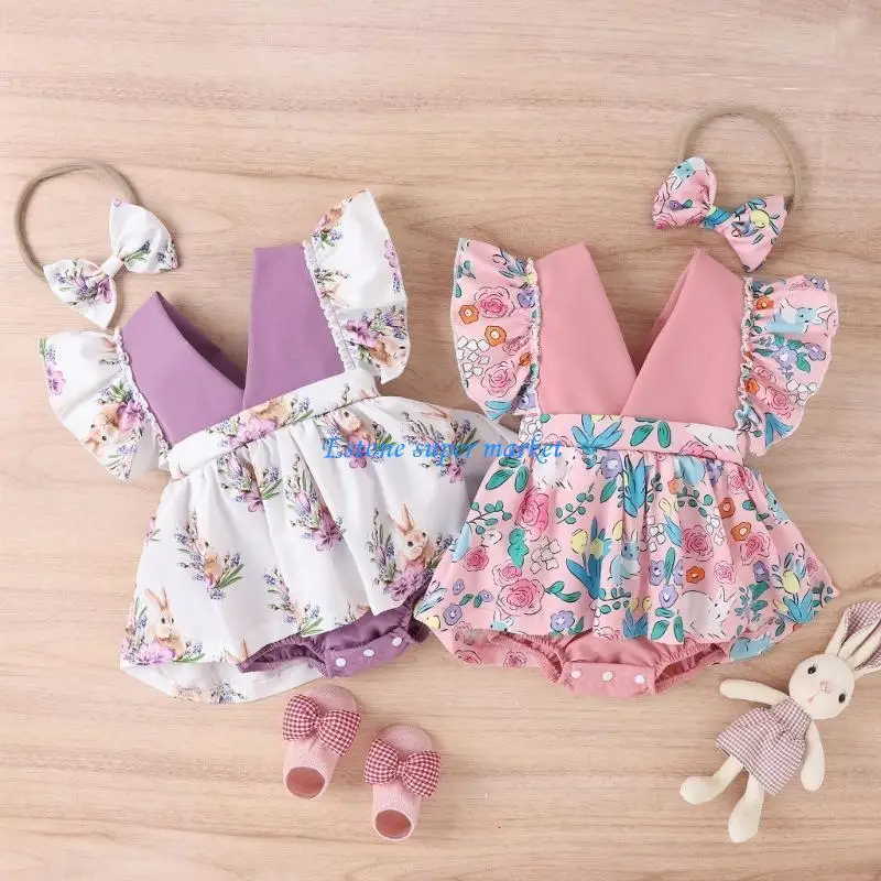 

090B Baby Sleeveless Romper & Headband Easter Bunny Print Jumpsuit for Infant Girls Easter Party Costume Girls Spring Outfit