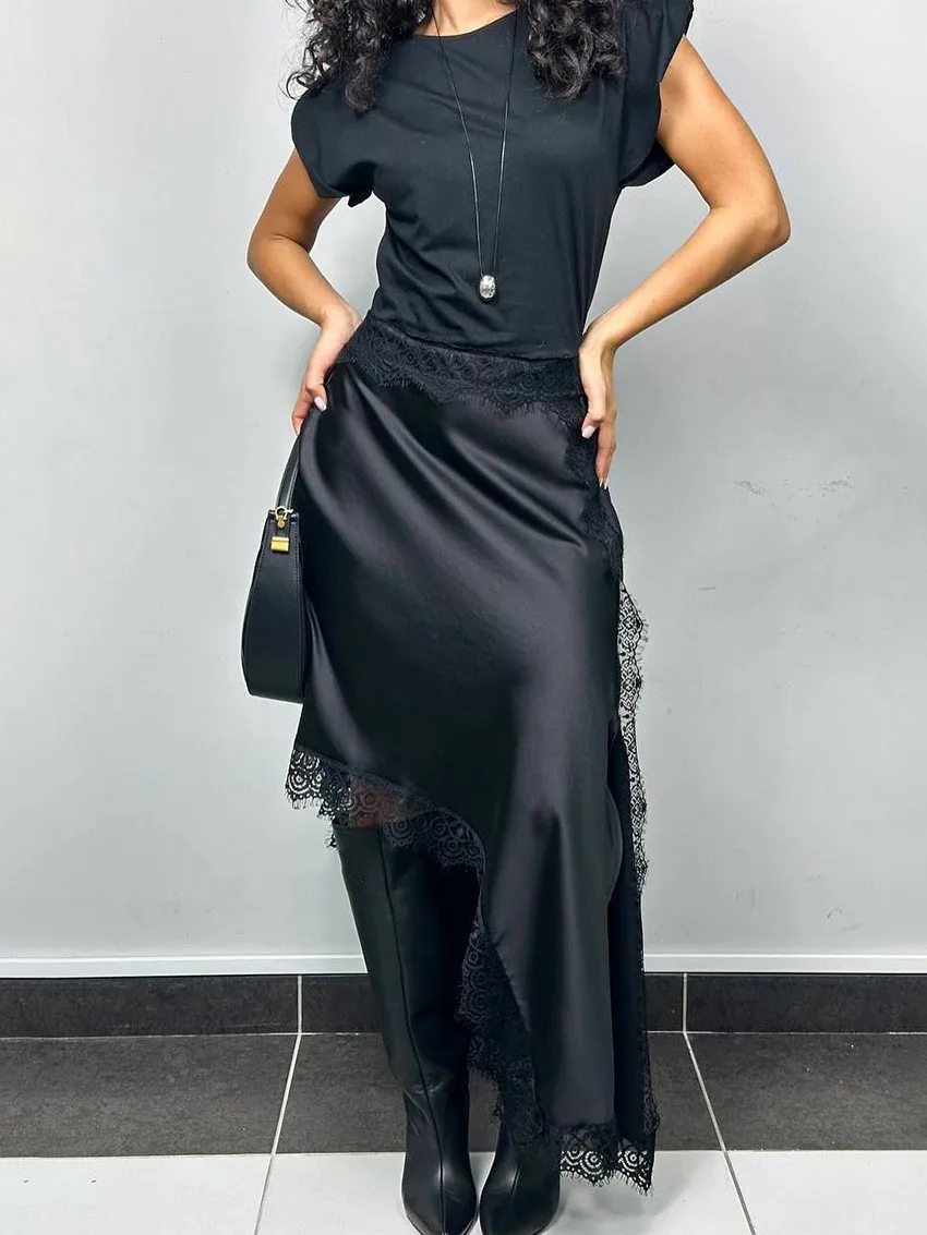 Spring Summer Women's Clothing Asymmetrical Satin Lace Midi Skirt Elegant Office Wear For Woman Polyester Chiffon Layered Hem
