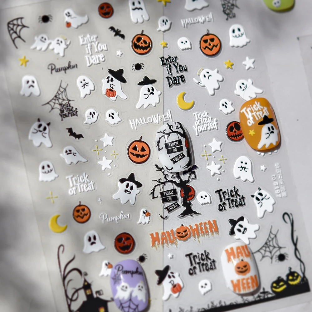 Gruseliger Halloween 5D Nail Art Aufkleber Horror Kürbis Gesicht Skelett Fliegende Fledermäuse Spinnweben Toter Baum Glitzer Sterne Mond Maniküre Deca