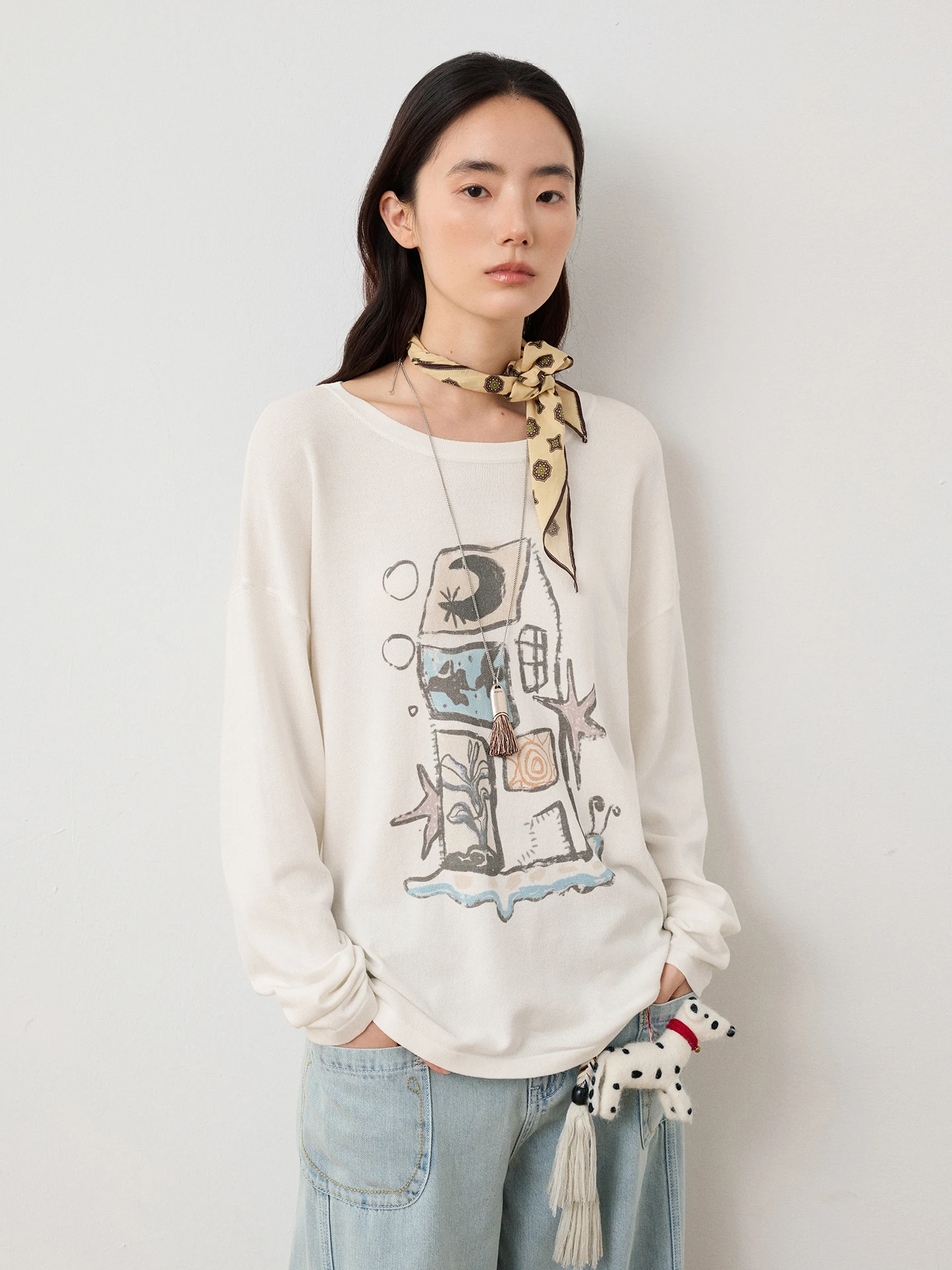 

Octopusme White round Ne Printed Knitted Cover up T irt Women Loose Drapey Slimming Long Sve Top Commute Sle Creativ...