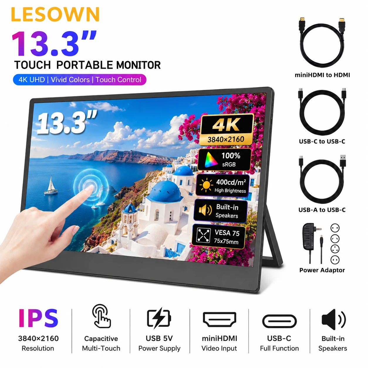 

LESOWN 13.3 Inch Laptop Touch Screen Extender 4K Resolution Plug & Play External Display for Steam Deck