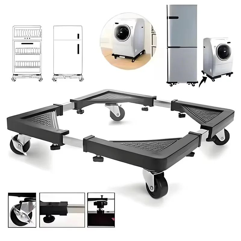 Adjustable Multifunctional Appliance Mobile Base Stand Lockable Wheel Roller Trolley For Washing Machine Fridge Furniture Moving