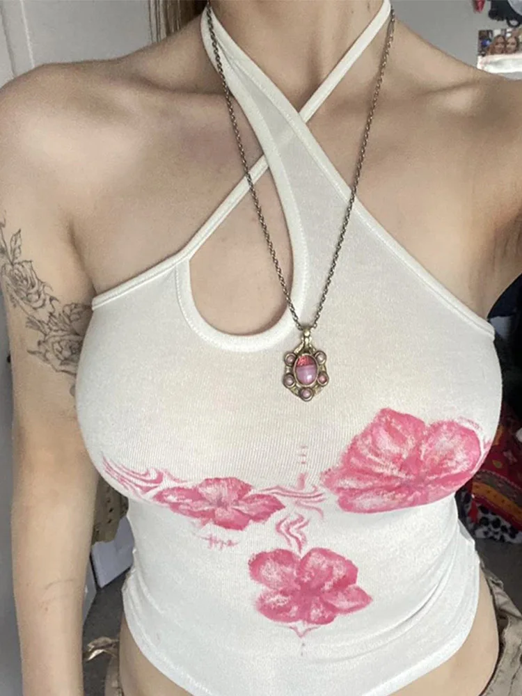 

Женский винтажный укороченный топ с лямкой на шее Y2K, асимметричная белая майка без рукавов с цветочным принтом, сексуальная базовая футболка в стиле Харадзюку