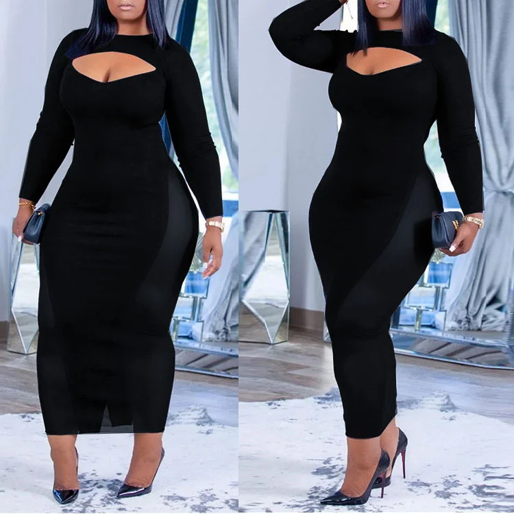 Plus Size Women Clothing New Large Women\'s Autumn Black Mid Length One Step Dress Long Sleeve Template Commuter Color Mesh Dress