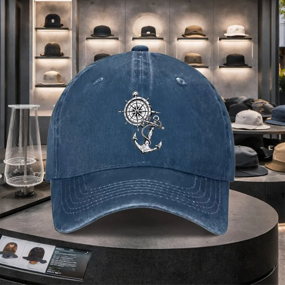 Compass Anchor Washed Denim Baseball Cap Unisex Adjustable Vintage Print Outdoor Casual Hat