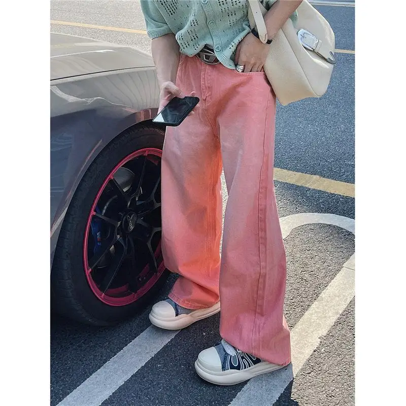 Jean rose à jambes larges pour hommes, pantalon basique droit, coupe ample, décontracté, taille moyenne, Long, scène de Sport