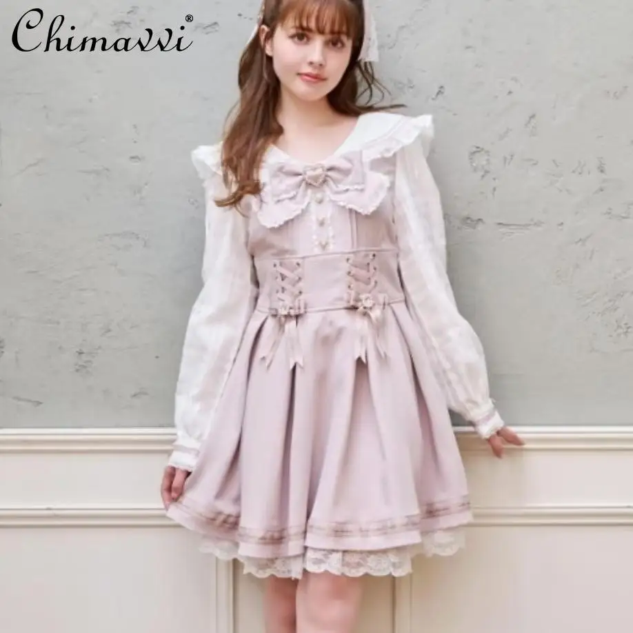 New Japanese Liz Mine Naval Wind Bow Slim Bow Dress 2025 Spring New Sweet Girl Women High Waist Temperament Lolita Dresses