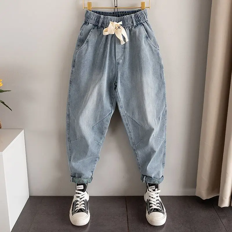 

Large Size Elastic Dstring Jeans Harajuku Carrot Dad Casual Pants ex Summer Trendy Brand Harbin Wear Resistant Long Pants