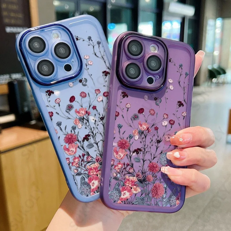 For iPhone 15 Pro Max Plus 14 13 12 Pro Small Flowers Pattern Phone Case Shockproof Silicone Clear Soft Cover For iPhone 12 11