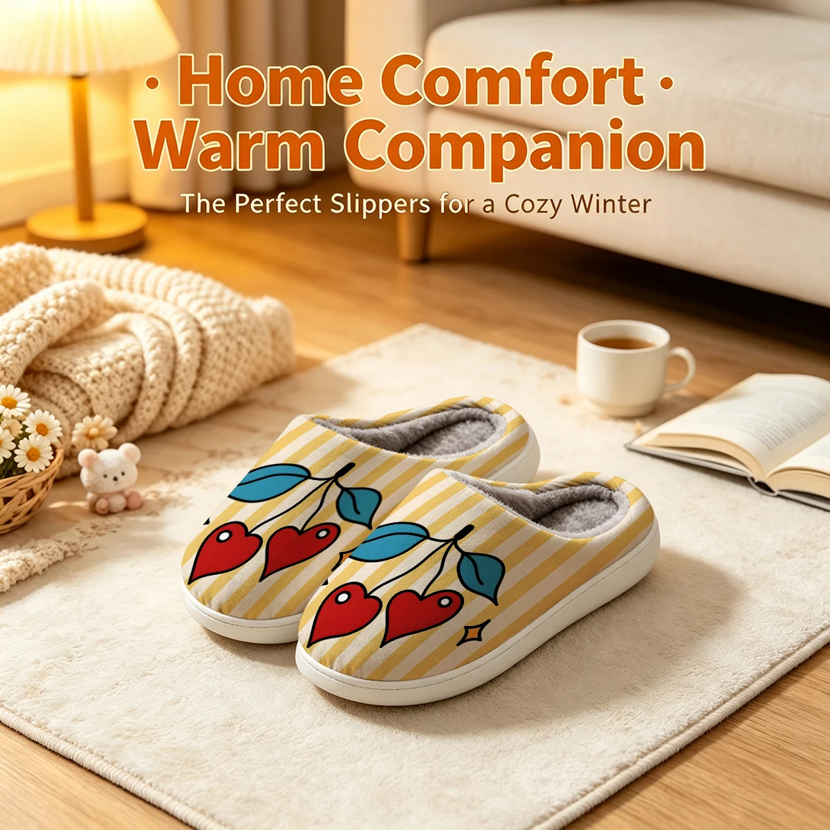 Heart Cherry Stripe Christmas White Slippers Warm Plush Indoor Shoes Non-Slip Winter Slippers Family Holiday Gifts Soft view 3