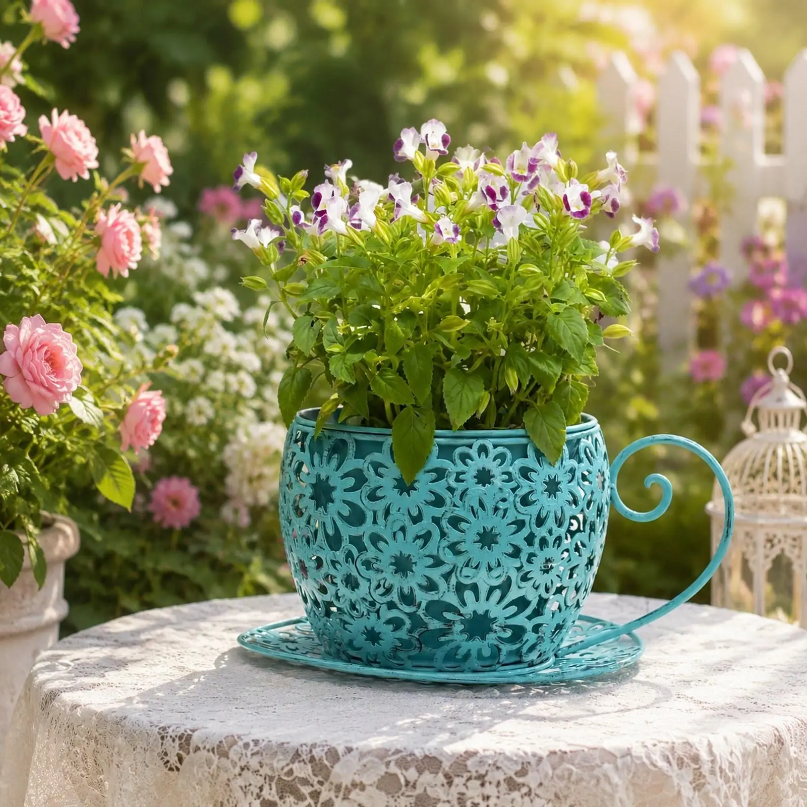 Creative Teacup Flower Pot Metal Plant Holder with Saucer for Indoor Living Room and Garden Decor