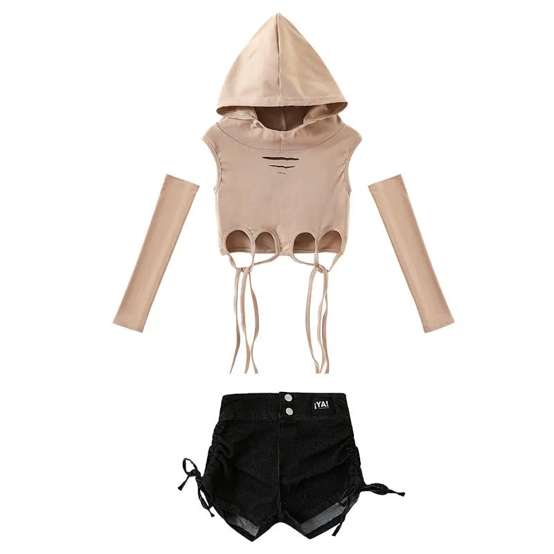 Ropa de Hip Hop para chico Wasteland, Top corto gris, Sudadera con capucha de manga larga, pantalones Cargo informales de camuflaje para niñas, trajes de baile, ropa