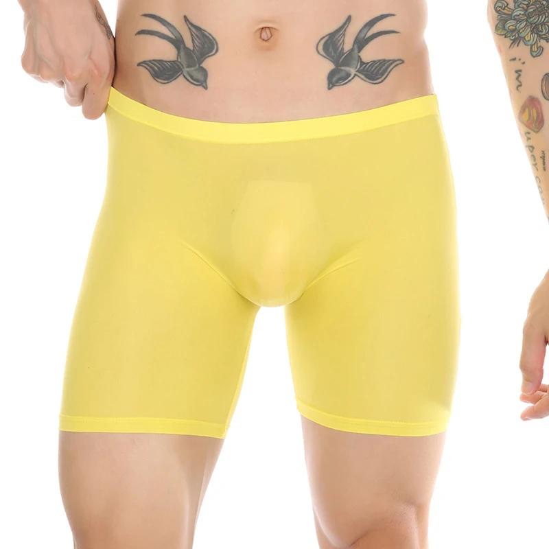 Herren Unterwäsche Boxer Shorts dünne transparente Eis Seide Höschen männlich sexy u konvexe Tasche langes Bein Unterhose Cueca Calzoncillos