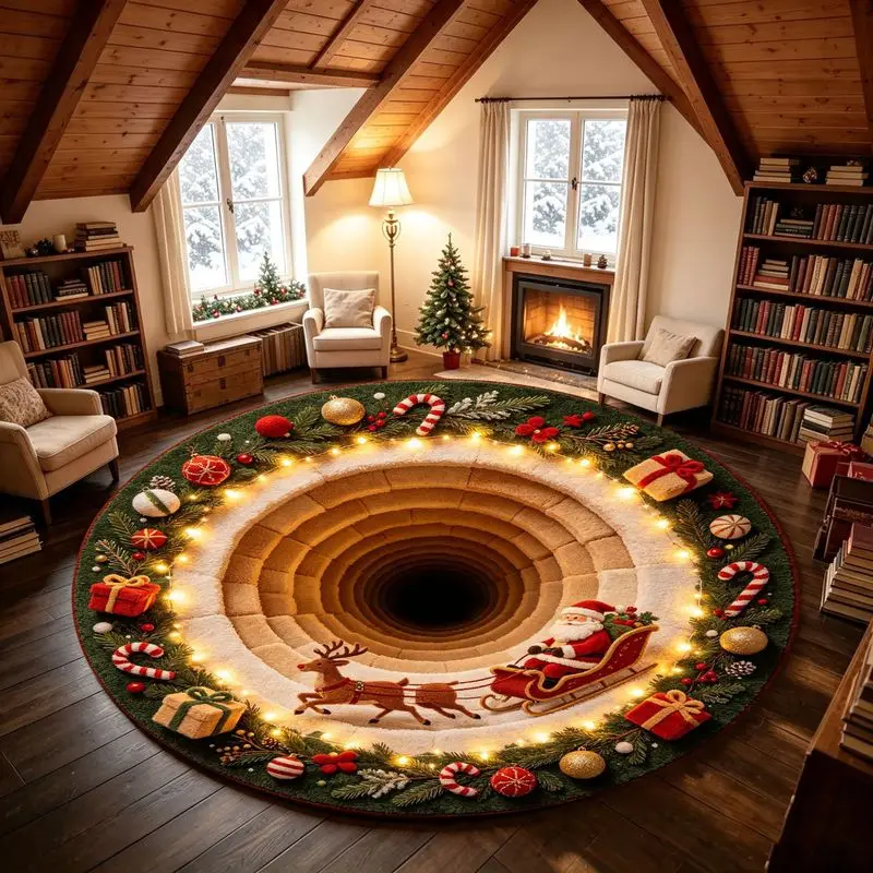 VIKAMA Creative 3D Visual Christmas Round Rug—Soft, Non-Slip Living Room Rug, Festive Decorative Rug, Home Decor