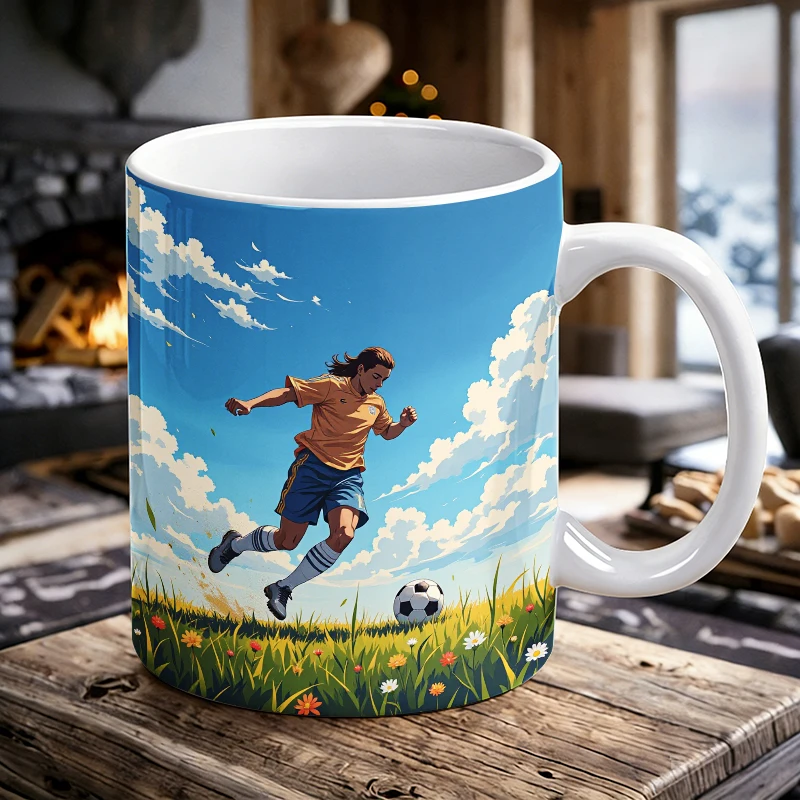 

Meadow Flower Field Soccer Dribble Mug, Sunny Sky Nature Football Art Cup, Fresh Energetic Football Lover Coffee Mug
