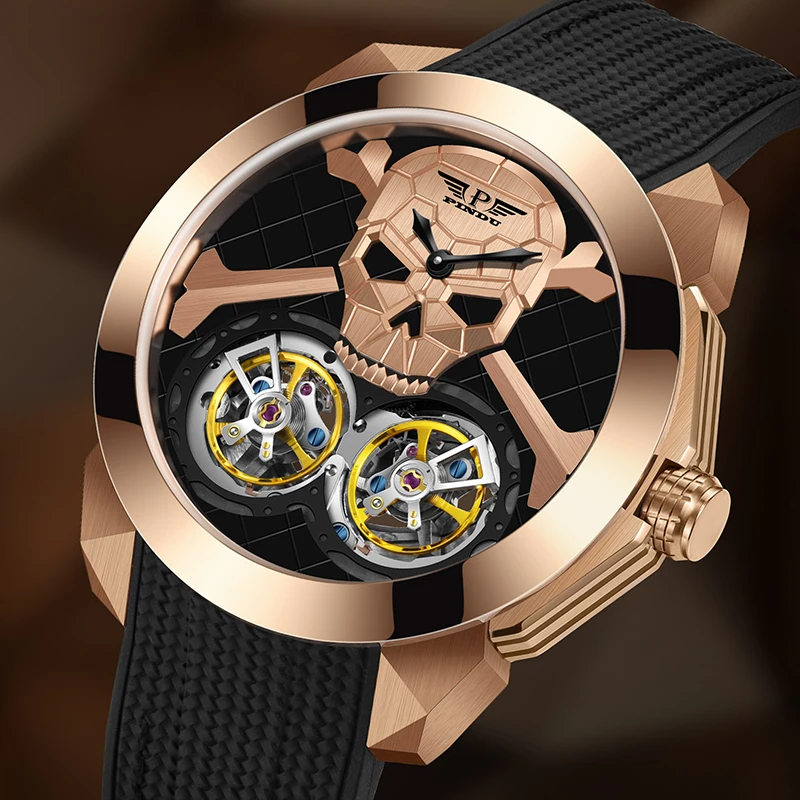 

PINDU New Mechanical Watch Skull Dial Fashion Men's Watch Rubber Belt Waterproof 5ATM
