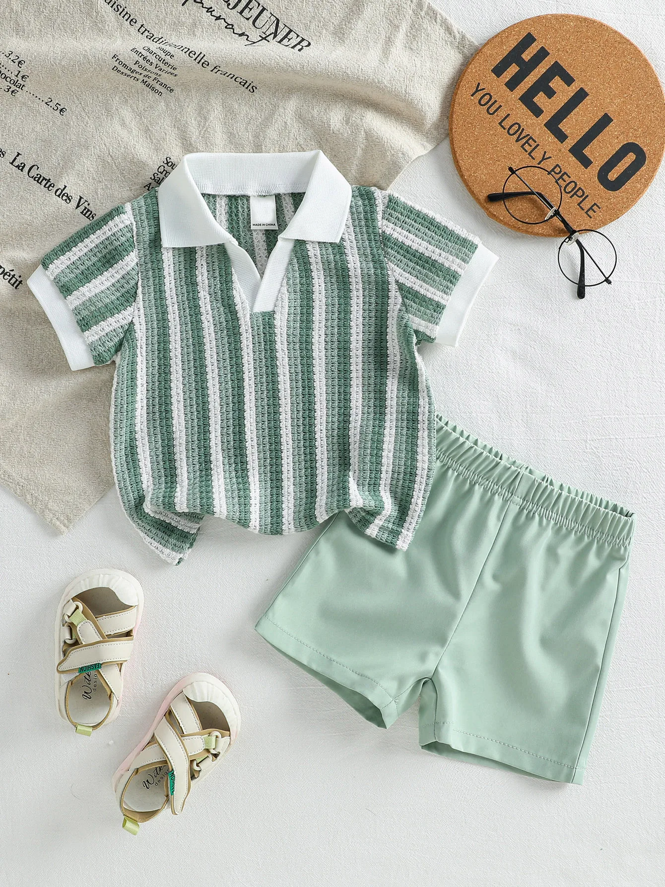 Green White Stripe Polo Collar Baby Boy 2PCS Outfit, Soft Breathable, Ideal Summer Daily Casual Set
