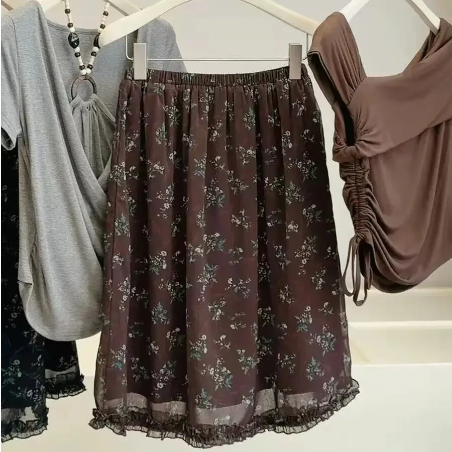 Retro Forest System Floral Half Skirt Women's Summer New High Waist A-Line Skirt Versatile Mid-Length Skirt Wooden 