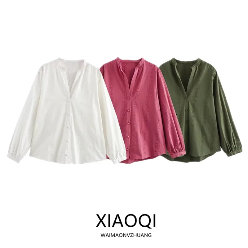 

Весна 2025: Новинка! Женская модная блузка с длинным рукавом, вышивкой и вырезами, с воротником, универсальная, свободного кроя, стандартный размер.