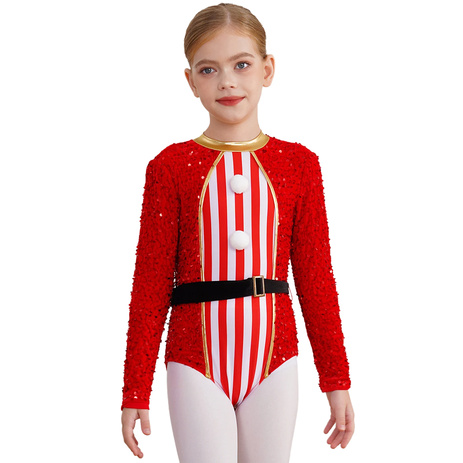 Girls Christmas Santa Sweetie Candy Cane Costume One Piece Sequin Long Sleeve Striped Ballet Dance Gymnastic Leotard Bodysuit