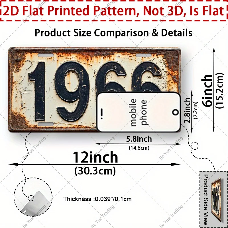 2D Flat, 1966 Vintage Aluminum Metal Sign, 12.0inch X 6.0inch - Rustic Wall Decor with 4 Hanging Holes, for Indoor/Outdoor Use,
