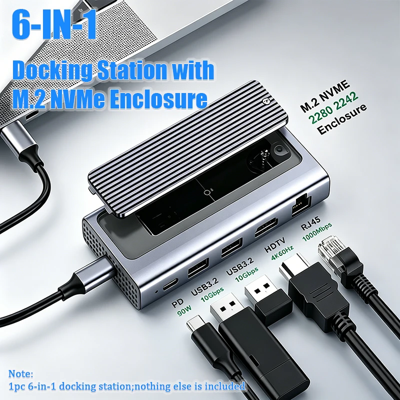 6-in-1 USB C Hub with M.2 SSD Enclosure, USB3.2 HDMI-compatible2.0 RJ45 Gigabit Ethernet Multiport Adapter for Macbooks Laptop