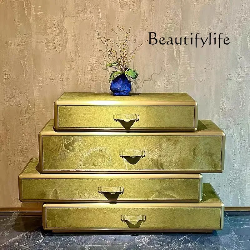 N40 Italian light luxury art saddle leather bucket cabinet simple villa entrance cabinet luxury villa side cabinet locker