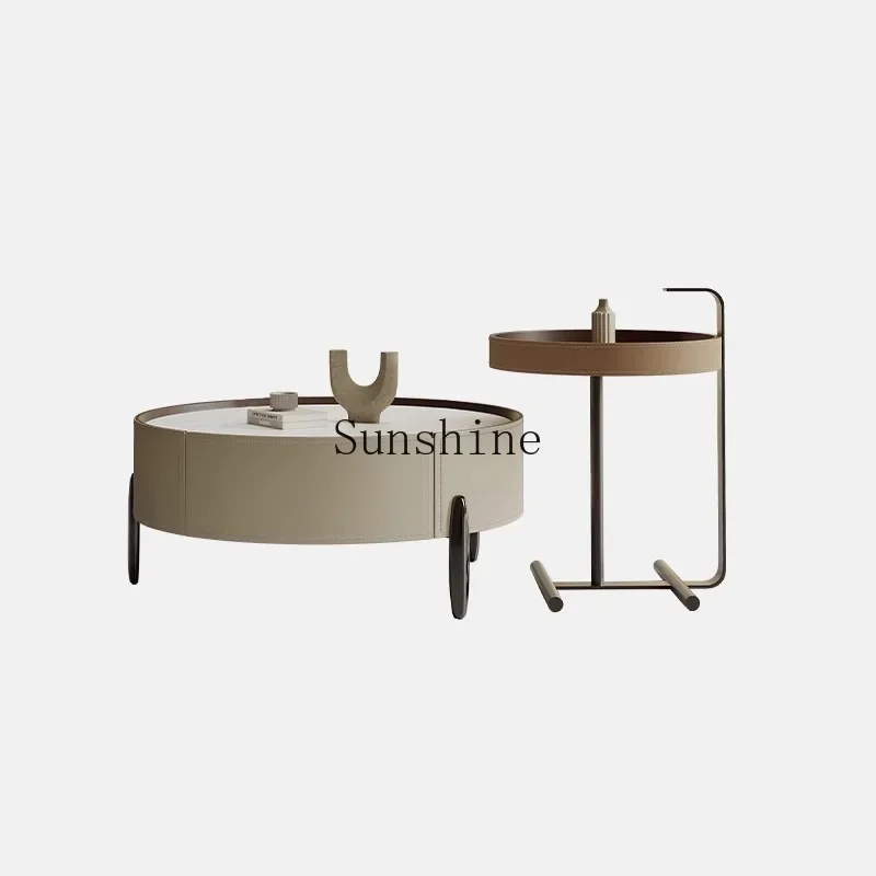 Italian minimalist microcrystalline stone light luxury modern saddle leather coffee table size round combination