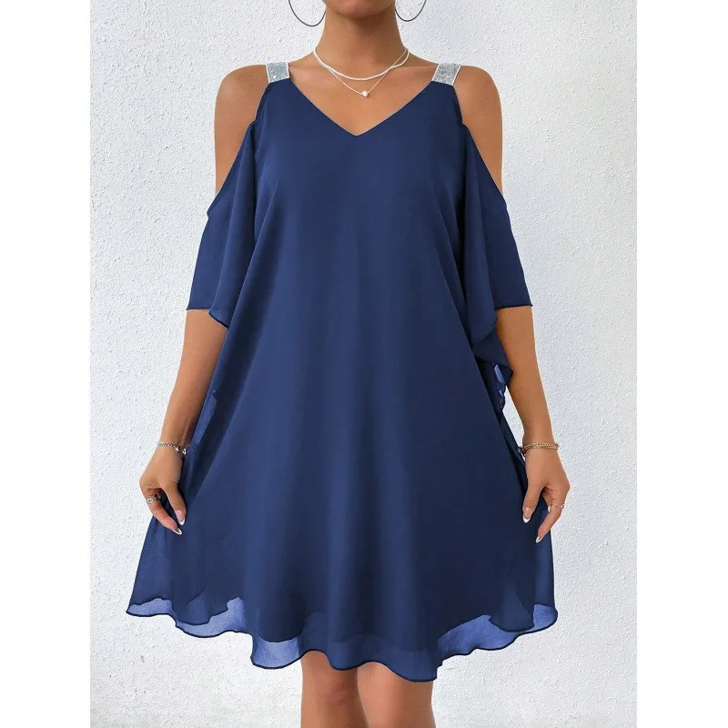 Women Cold Shoulder Chiffon Mini Dress V Neck Rhinestone Strap Elegant Summer Party Dress