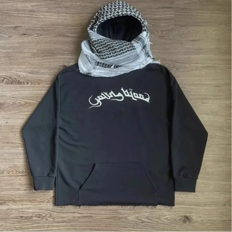 

Осень-зима, арабский стиль, эстетический клетчатый контрастный шарф, декоративная толстовка с длинными рукавами и буквенным принтом, свободное уличное модное пальто