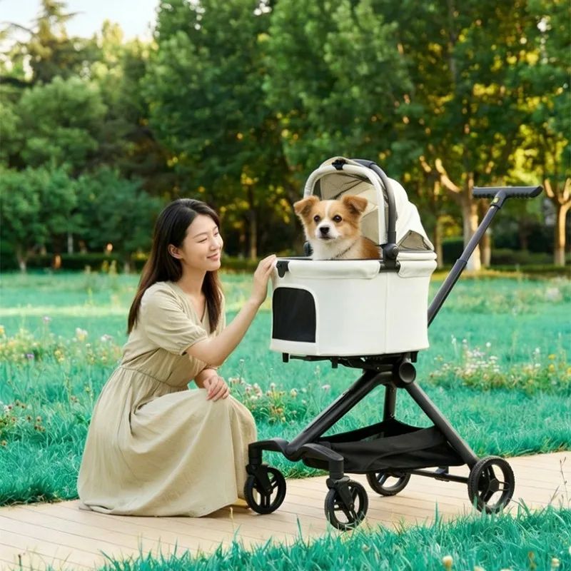 Outdoor Pet Stroller Foldable Puppy Stroller High View Breathable Dog Trolley Reversible Carry Basket Walking Carrier Pets Cart