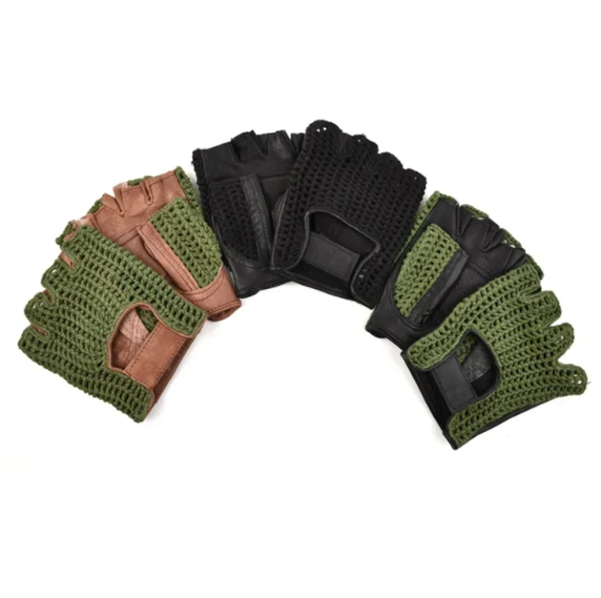 Leather Mesh Fingerless Gloves Motocross Fishnet Car Driving Tactical Gloves Motorcycle Accessories Work Cycling Men\'s Gloves