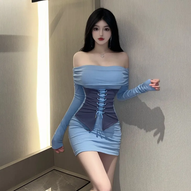 

Сексуальная пикантная девушка на одно плечо, длинная облегающая талия Sve, облегающее платье, трикотажное платье из полиэстера с низкой талией, осенняя одежда