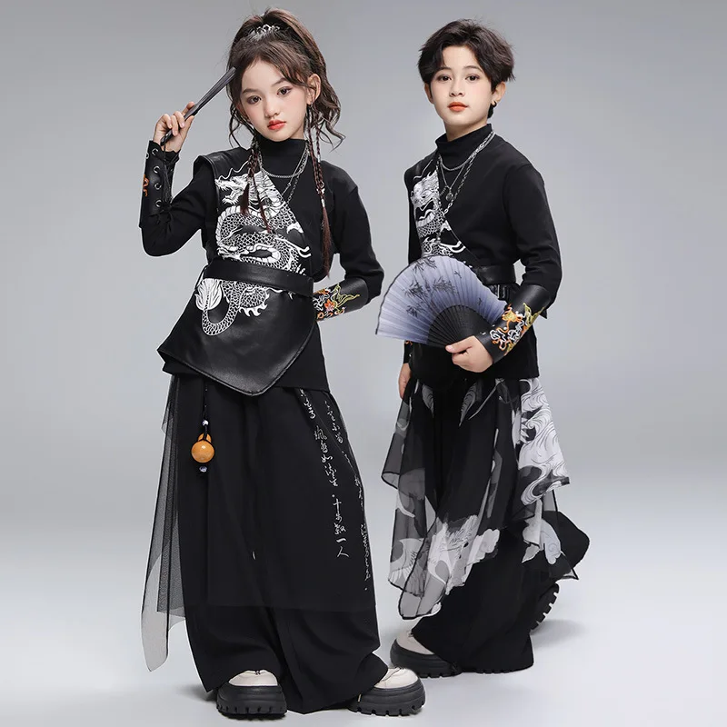 

Kid Chinese Style Hip Hop Clothing Black Dragon One Shoulder Vest Casual Wide Leg Pants for Girl Boy Jazz Dance Costume Clothes