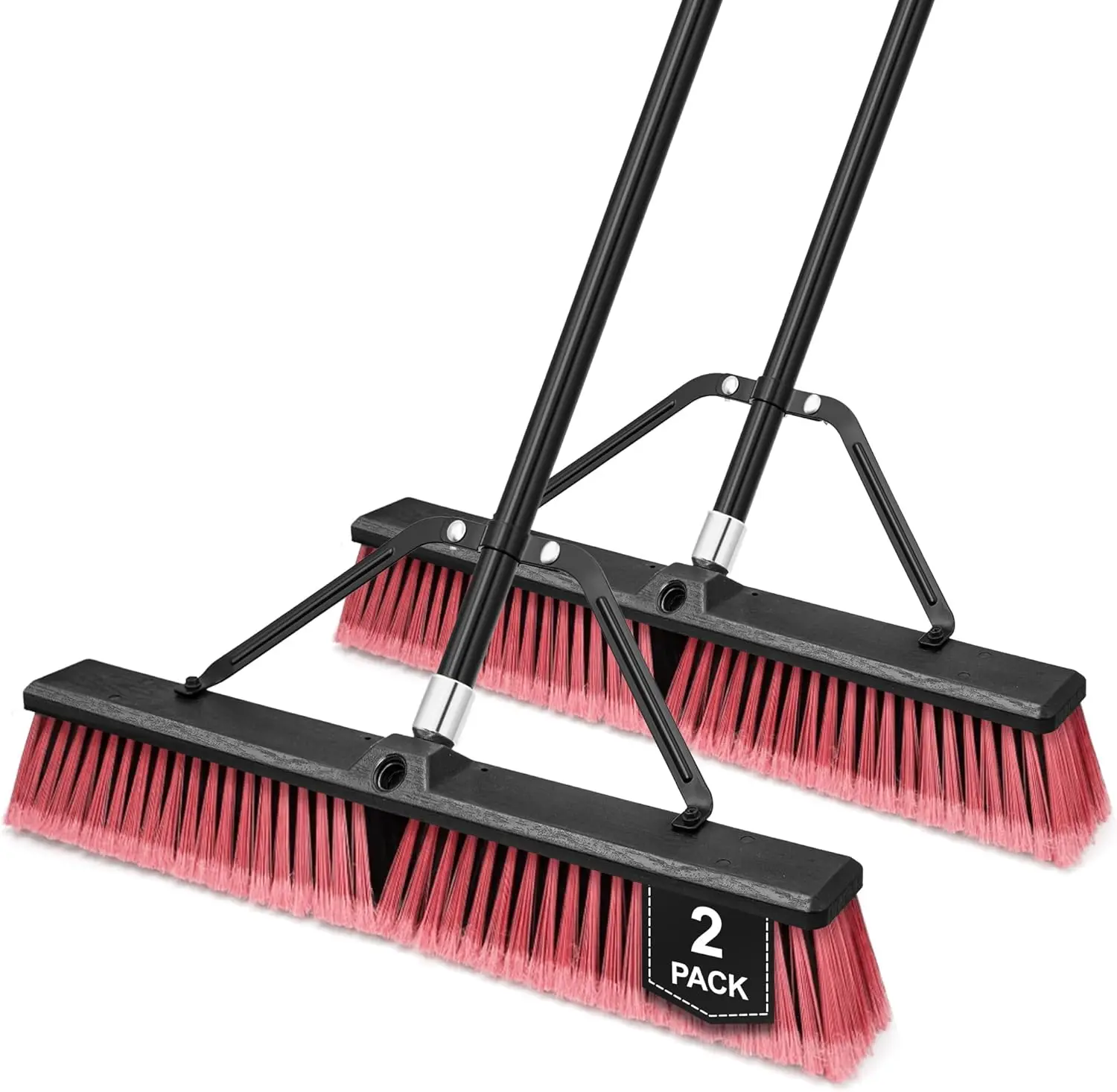 

24” Push Broom Outdoor Heavy Duty 2 Pack, Large Commercial Stiff Bristle Brush with 63 inches Long Handle for Garage Shop Garden