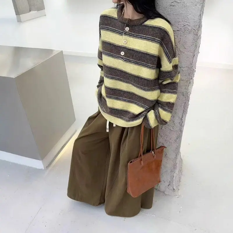 

Loose Long Sve Women's irt Korean Sle Striped Pattern High Elastici Thi Base Layer Lazy Match All Cotton Blend