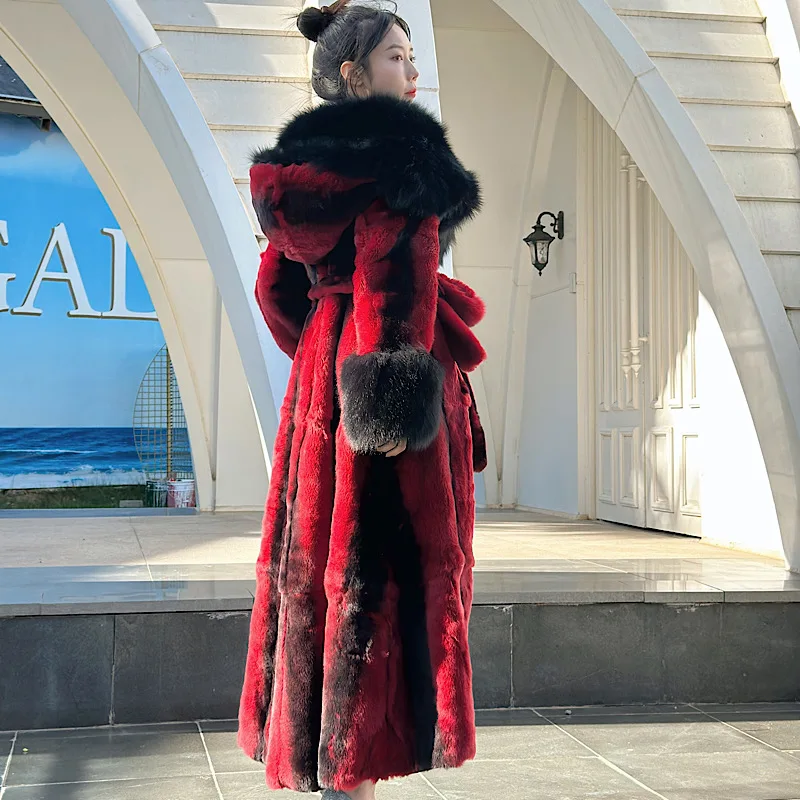 Winter Women Real Rex Rabbit Fur Coats With Fox Hooded Natural Whole Skin Genuine  Long Jackets Overcoat Fashion 2023 Women