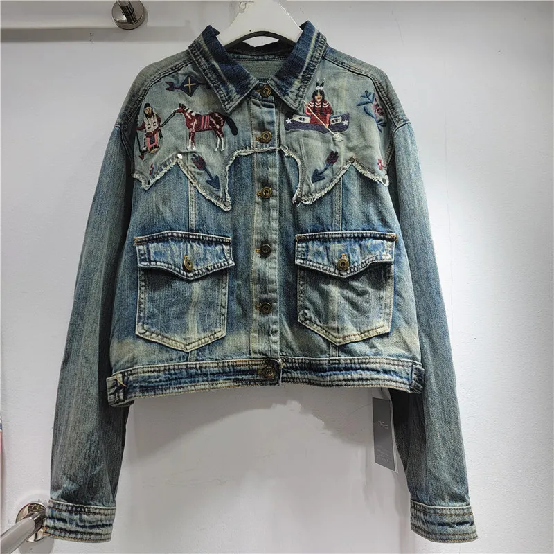 

2025 Autumn New Women's Fashion European and American Style Lapel Embroidered Patchwork Long Sleeve Washed Vintage Denim Jacket