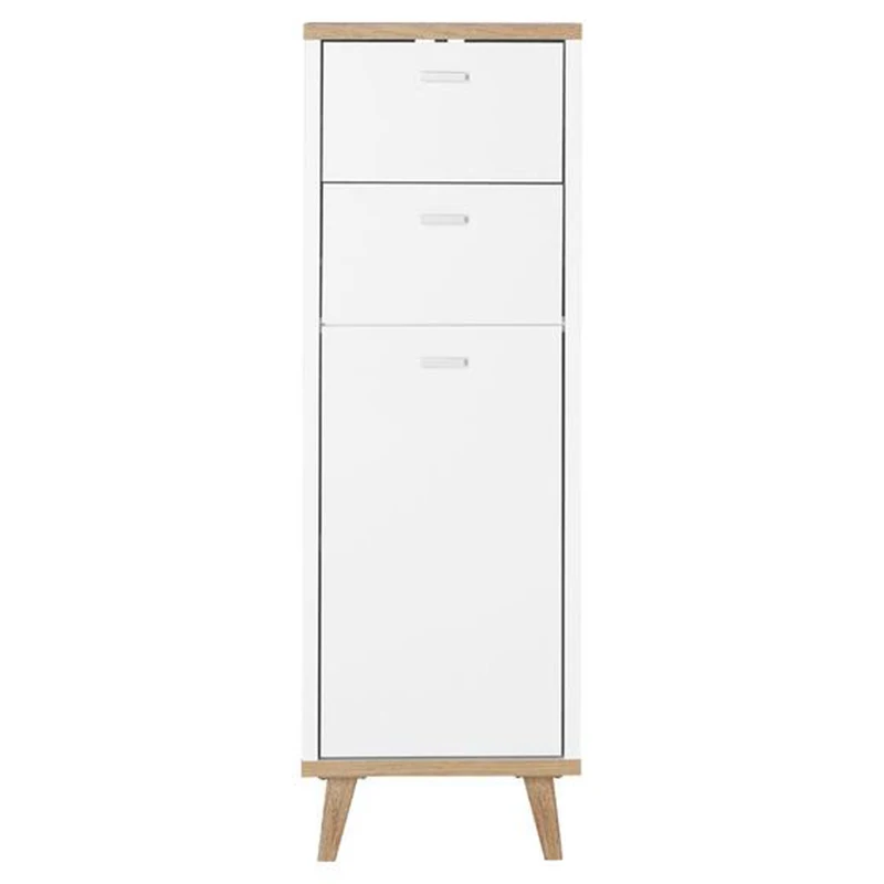 Wood white floor bathroom cabinet with 2 drawers and 1 door