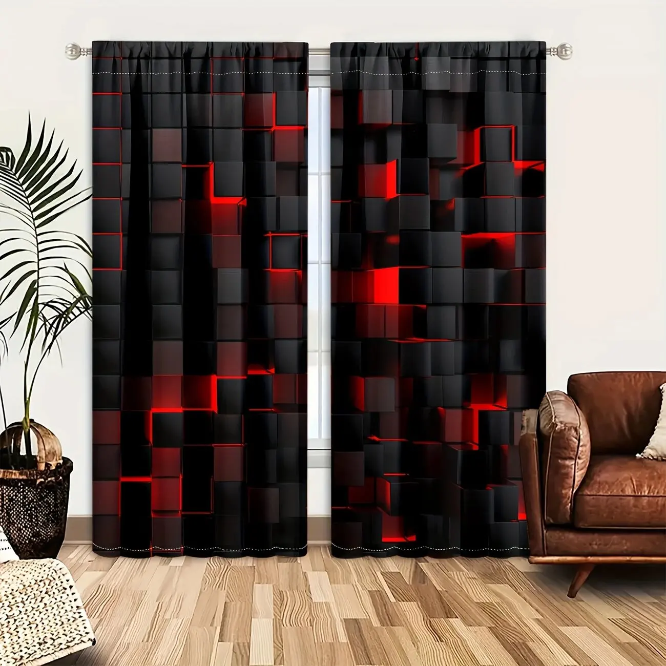 Youdaoplaceholder0 diseño geométrico de cubo 3D cortinas abstractas estampadas en rojo y negro, postes, decoración del hogar, decoración de la habitación