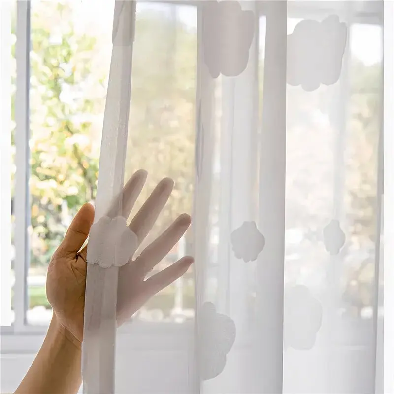 1Piece Korean Cartoon Relief Cloud Flocking Window Screen White Soft Transparent Tulle Curtain For Living Room and Bedroom
