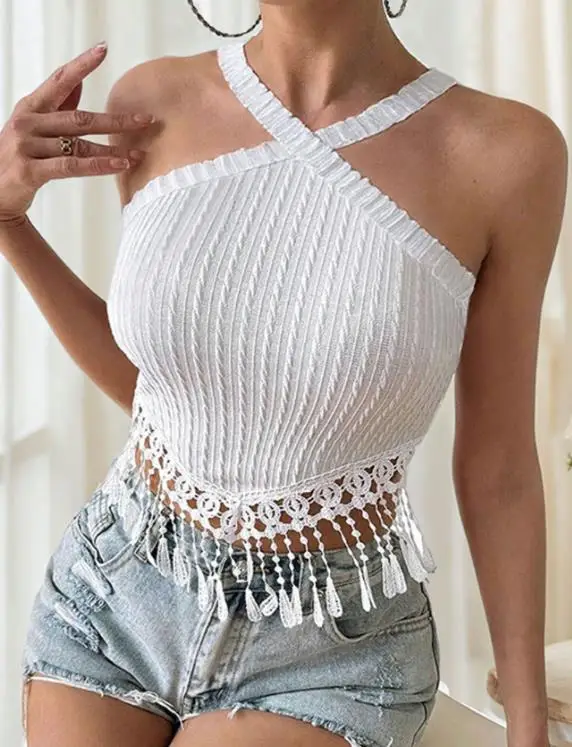 

Summer New Sexy Fashionable Elegant Ethnic Style Crochet Lace Patchwork Tassel Decoration Backless Sleeveless Hanging Neck Vest
