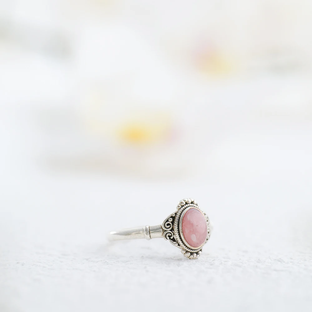 أصيلة S925 الفضة الرودوكروسيت خاتم الطبيعية الوردي الأحجار الكريمة أنيقة الأزهار تصميم البوهيمي المجوهرات هدية