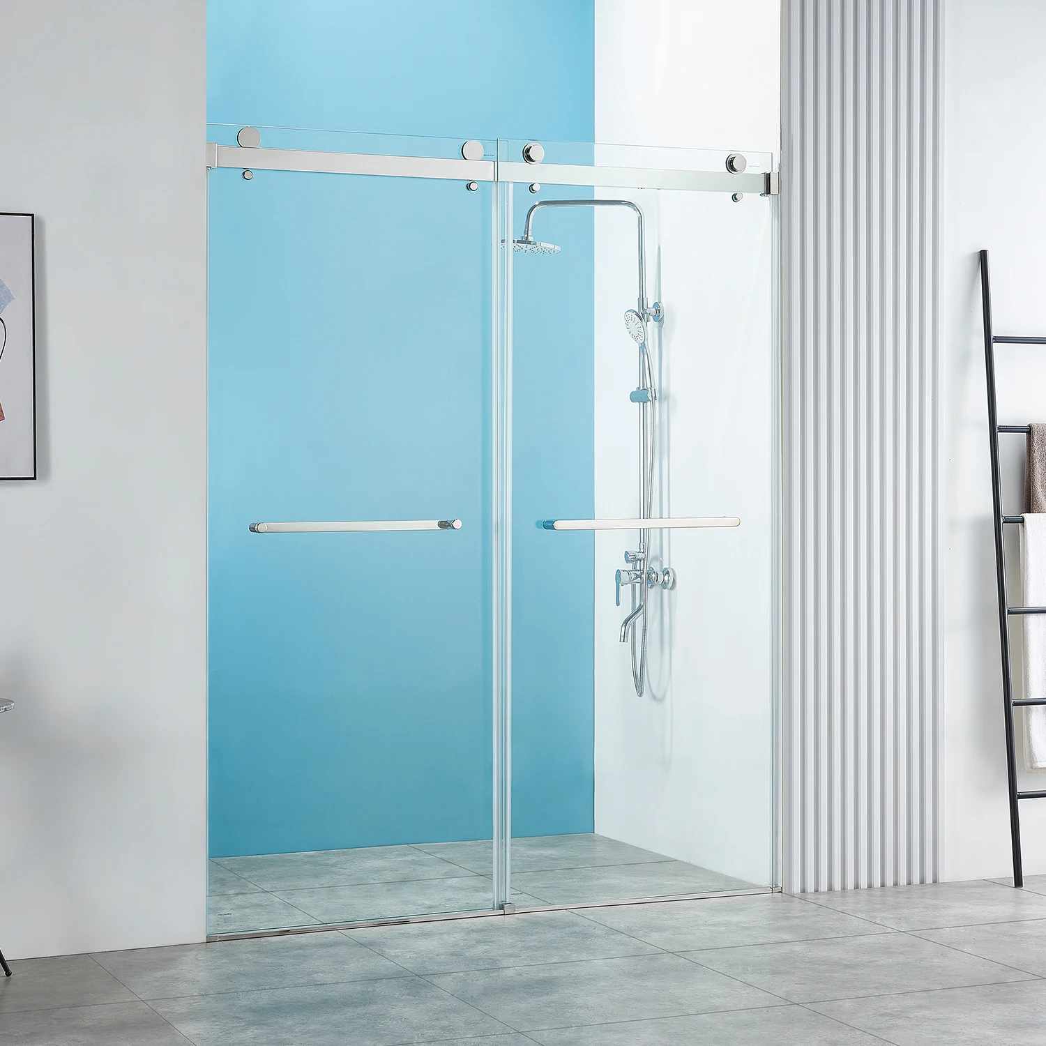 

56-60" W x 76"Frameless Double Sliding Shower Door Resistance Free Hinges for Smooth Opening and Closing Clear Tempered Glass i