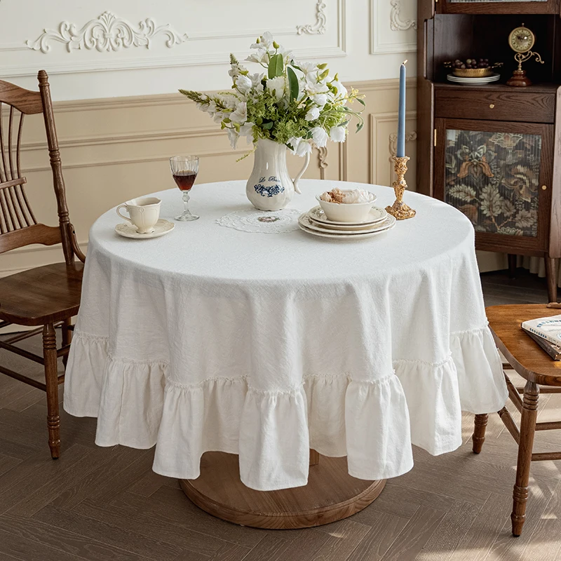 

Washable Table Cover Ruffle Round Tablecloth Cotton Flounces Trim for Holiday Dinner Party Banquet Kitchen Wedding Decoration