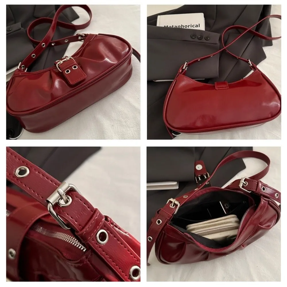 Y2K Style PU Leather Shoulder Bag Buckle Design Large Capacity Armpit Bag Burgundy Color Crossbody Bag Spicy Girl