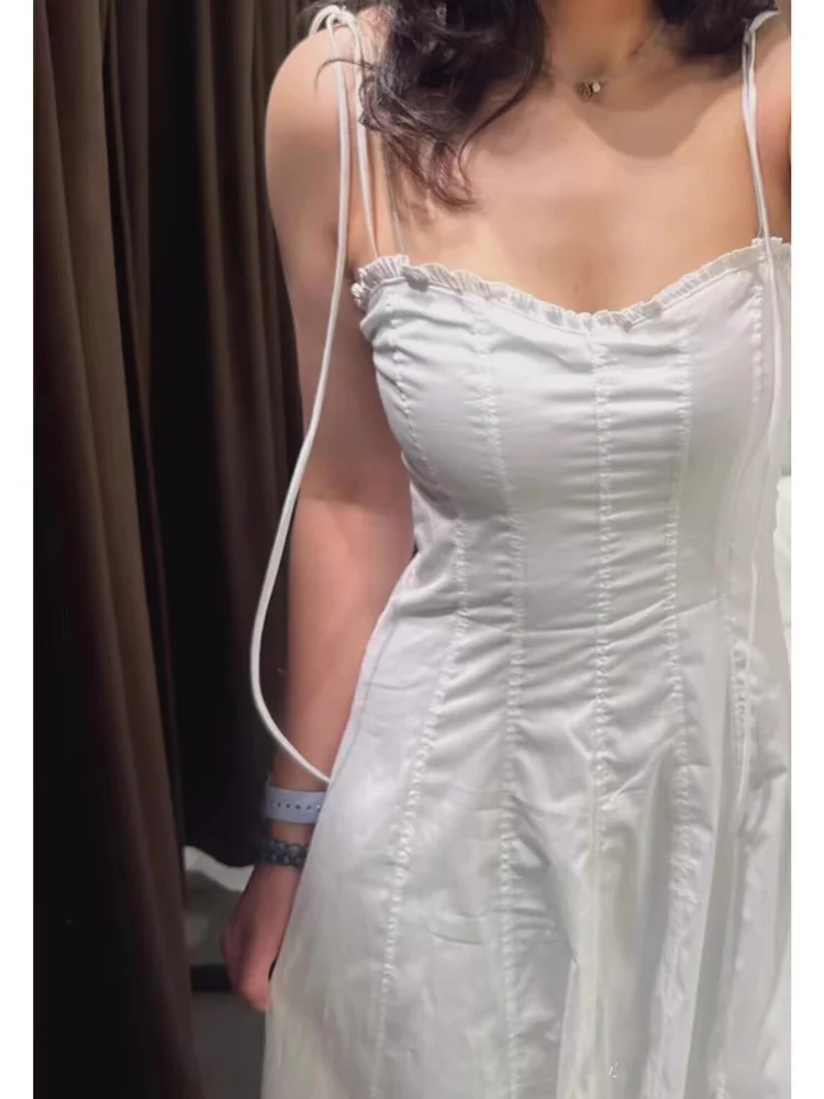 Vestido Midi F E de Verão, Nova Coleção, com Camadas Decorativas de Seda e Cetim, sem Alças, Cintura Alta, Teci...