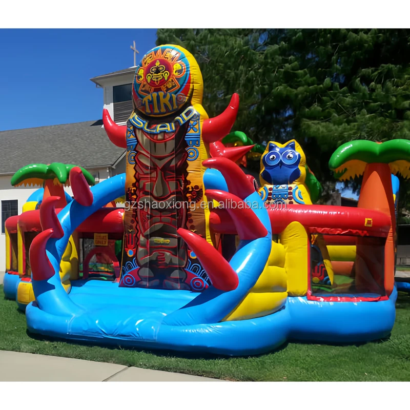 Commercial Inflatable Tiki Island Theme Park Obstacle Course Combo Bounce House Outdoor Bouncy Castle Sldie Playground  for Kids